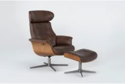 Amala Brown Leather Reclining Swivel Chair With Adjustable Headrest And Ottoman